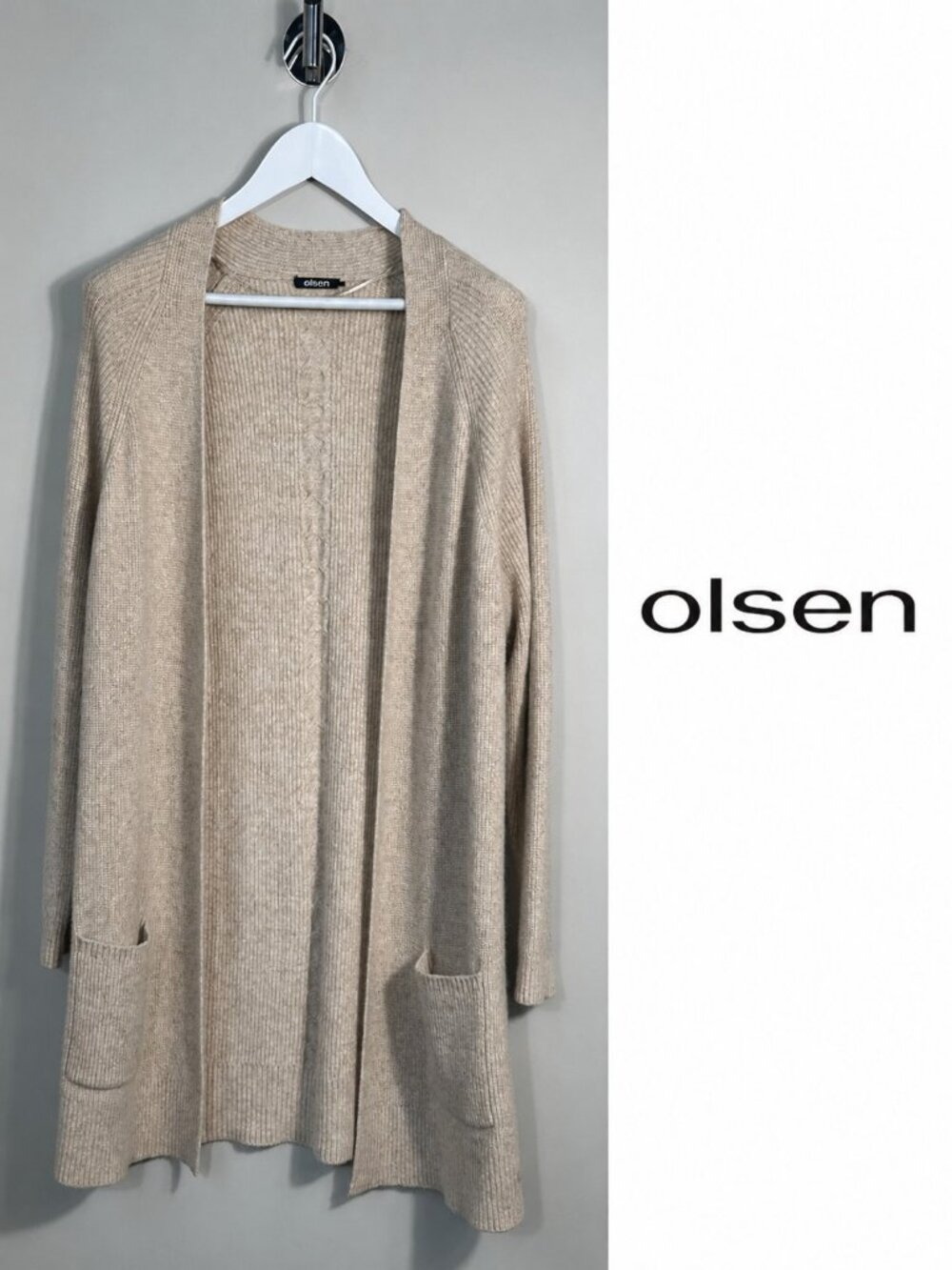 Olsen Rib Knit Open Front Cardigan Size L Beige Oatmeal Cable Knit Open Fr
